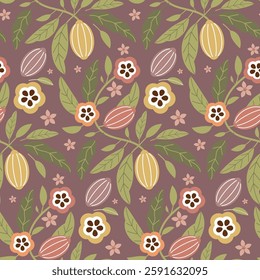 Cocoa vector seamless pattern. Chocolate cocoa beans background. Vector hand drawn illustration. Vintage style illustration.