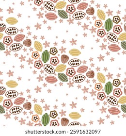 Cocoa vector seamless pattern. Chocolate cocoa beans background. Vector hand drawn illustration. Vintage style illustration.