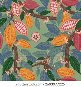 Cocoa vector seamless pattern. Chocolate cocoa beans background. Vector hand drawn illustration. Vintage style illustration.