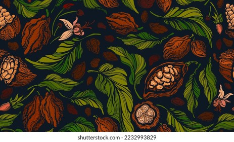 Cocoa vector seamless pattern. Dark chocolate, aroma butter. Tropical plantation, fruit. Art vintage illustration on black background