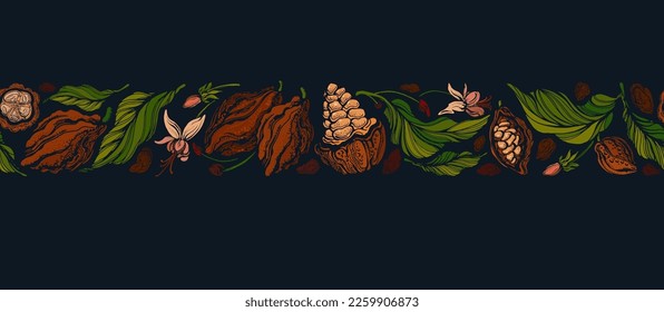 Cocoa vector seamless pattern. Dark chocolate, aroma butter. Tropical plantation, fruit. Art vintage illustration on black background