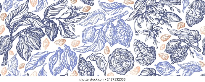 Cacao patrón vintage. Plantación vectorial de granos de chocolate, hojas de textura, aroma de fruta. Mantequilla orgánica. Ilustración sin costuras vintage para el diseño de alimentos