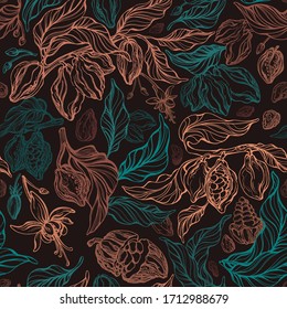 Cocoa vintage seamless pattern. Vector chocolate branch, golden bean, green leaves, exotic flora. Art graphic antique illustration on dark background. Hand drawn engraving print for textile