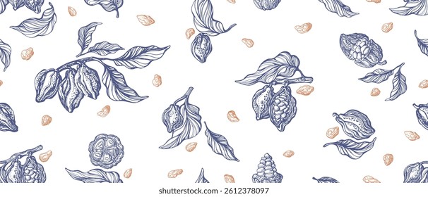 Cocoa vintage seamless pattern. Vector graphic bean, twig, fruit. Art hand drawn illustration on transparent background. Organic chocolate, aroma drink, natural food. Vintage textile, wallpaper