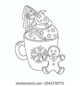 Cocoa with whiped cream and gingerbread vector illustration. Coloring page for kids