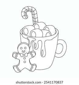 Cocoa with whiped cream and gingerbread vector illustration. Coloring page for kids