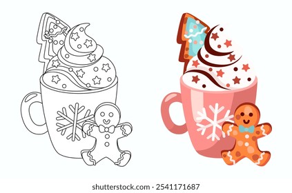 Cacao con nata batida y Ilustración vectorial de jengibre. Dibujo para colorear para niños