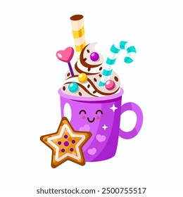 Cocoa with whipped cream and gingerbread vector illustration. Flat design
