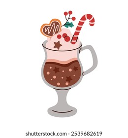 Cocoa with whipped cream in glass mug flat color vector object. Hot Christmas drink for holiday mood illustration on white background