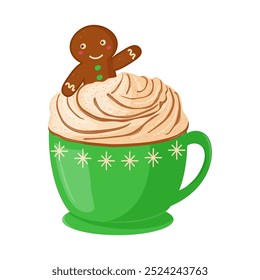 Cocoa with whipped cream, hot chocolate with a gingerbread man in a green cup. Cozy winter drink. Vector illustration on a white background.