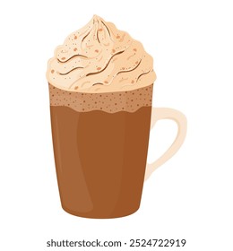 Cocoa with whipped cream, hot chocolate, coffee in a glass cup. Cozy winter drink. Vector illustration on a white background.