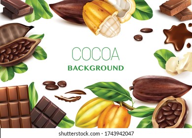 Cocoa white background with realistic frame of  fruits of chocolate tree and pieces of sweet treats vector illustration