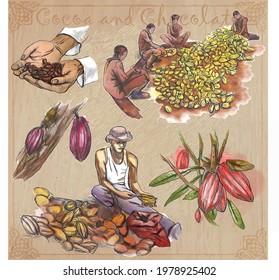 COCOA,cacao and chocolate. Agriculture. Life of a farmer. Cocoa harvesting and processing. Collection of an hand drawing illustrations. Pack of vector illustrations, line art. Set of freehand sketches