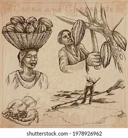 COCOA,cacao and chocolate. Agriculture. Life of a farmer. Cocoa harvesting and processing. Collection of an hand drawing illustrations. Pack of vector illustrations, line art. Set of freehand sketches