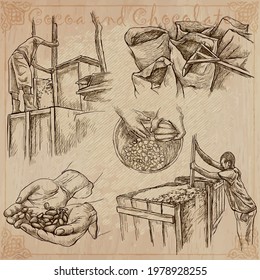 COCOA,cacao and chocolate. Agriculture. Life of a farmer. Cocoa harvesting and processing. Collection of an hand drawing illustrations. Pack of vector illustrations, line art. Set of freehand sketches