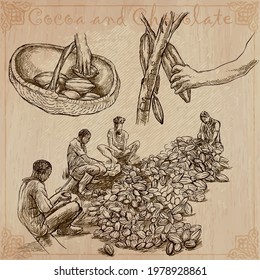 COCOA,cacao and chocolate. Agriculture. Life of a farmer. Cocoa harvesting and processing. Collection of an hand drawing illustrations. Pack of vector illustrations, line art. Set of freehand sketches