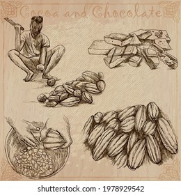 COCOA,cacao and chocolate. Agriculture. Life of a farmer. Cocoa harvesting and processing. Collection of an hand drawing illustrations. Pack of vector illustrations, line art. Set of freehand sketches