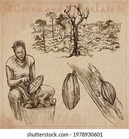 COCOA,cacao and chocolate. Agriculture. Life of a farmer. Cocoa harvesting and processing. Collection of an hand drawing illustrations. Pack of vector illustrations, line art. Set of freehand sketches