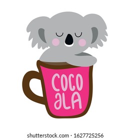Cocoala (coffee and Koala)- Cute Koala relax in cup of coffee. Hand drawn lettering for greetings cards, invitations. Good for t-shirt, mug, scrap booking, gift. Australia wildlife.