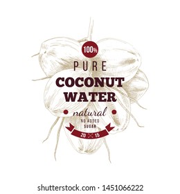 Cococnut water label over hand drawn coconut bunch. Vector illustration in retro style