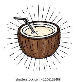 Coconat. Hand drawn vector illustration with coconut and divergent rays. Used for poster, banner, web, t-shirt print, bag print, badges, flyer, logo design and more. 