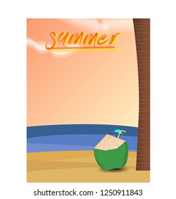 Coconut above coconut palm on the beach poster design (vector) with text.
