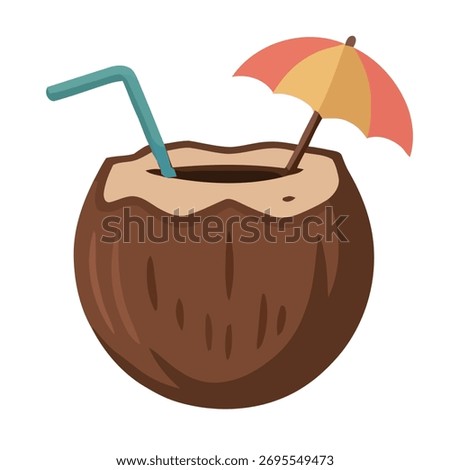The coconut is accessorized with a teal straw and a small, colorful drink umbrella in yellow and coral, instantly conveying a festive, tropical vacation mood.
