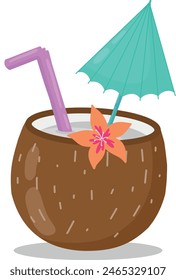 Coconut alcoholic cocktail with straw, umbrella and flower. Vector illustration. Alcoholic drinks are available in the bar menu. Beach holidays, summer holidays, party, cafe bar, vacations.