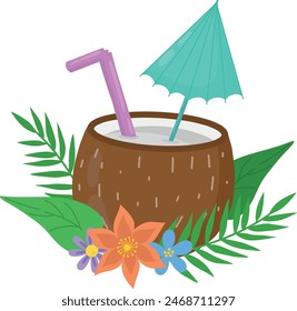 Coconut alcoholic cocktail with straw, umbrella, flower and palm leaves. Vector illustration. Alcoholic drinks are available in the bar menu. Beach holidays,summer holidays,party, cafe bar, vacations.
