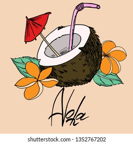 Coconut and aloha inscription black outline and color fill vector image