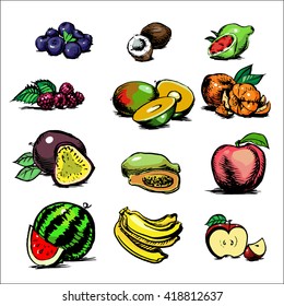 coconut, avocado, raspberry, mandarin, mango,
passion fruit, peach, watermelon, banana, apple, fruit and vegetables watercolor vector set of icons