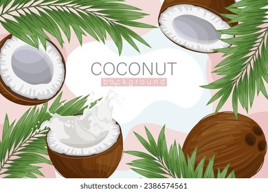 Coconut background. Cosmetic label background, realistic coconut milk, coconut and palm leaves on abstract pink texture. Beach poster. Vector