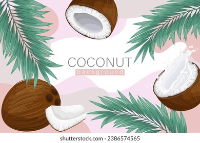 Coconut background. Cosmetic label background, realistic coconut milk, coconut and palm leaves on abstract pink texture. Beach poster. Vector