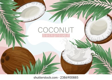 Coconut background. Cosmetic label background, realistic coconut milk, coconut and palm leaves on abstract pink texture. Beach poster. Vector