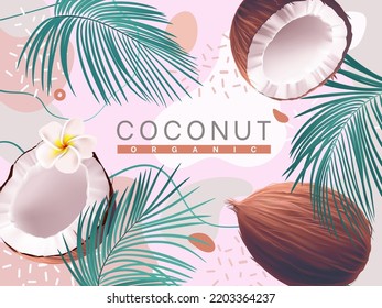 Coconut background. Oil and cosmetic label backdrop, realistic coco and palm leaves on abstract pink texture. Nut milk, vegan fruit, fresh nature food. Beach poster. Vector illustration svg