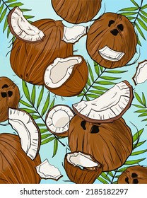 Coconut Background, summer fruit hand drawn illustration with coconuts, leaves, fruits and berries, vector, print for fabric