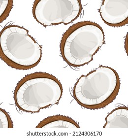 Coconut background. Vector seamless pattern with coconut halves on white. Cartoon flat illustration.