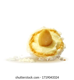 Coconut balls low poly. Coconut healthy sugarfree bliss balls in coconut shells. Tasty cake. Vector illustration. Coconut balls with cream in triangulation technique.