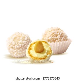 Coconut balls low poly. Coconut healthy sugarfree bliss balls in coconut shells. Tasty cake. Coconut balls with cream in triangulation technique.