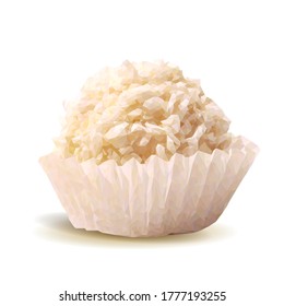 Coconut balls low poly. Coconut healthy sugarfree bliss balls in coconut shells. Tasty cake. Coconut balls with cream in triangulation technique.