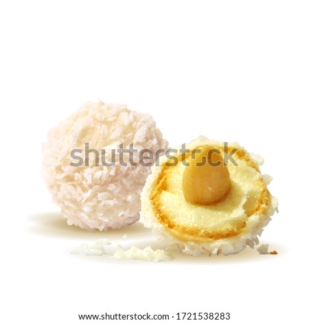 Coconut balls low poly. Coconut healthy sugarfree bliss balls in coconut shells. Tasty cake. Vector illustration. Coconut balls with cream in triangulation technique.