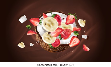 Coconut, banana and strawberry on a brown background.