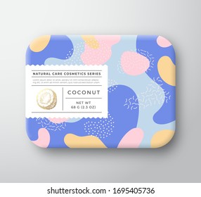 Caja De Cosméticos De Coconut Bath. Contenedor de papel envuelto con tapa de etiqueta de cuidado. Diseño de empaquetado. La tipografía moderna y el coco dibujado a mano. Diseño de patrón de fondo abstracto. Aislado.