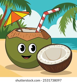 Coconut with Beach View Illustration Design