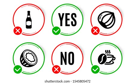 Coconut, Beer bottle and Hazelnut icons simple set. Yes no check box. Coffee cup sign. Vegetarian nut, Brewery, Roasted bean. Food and drink set. Coconut icon. Check mark. Vector