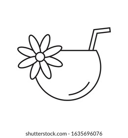 coconut beverage with flower decoration 
icon outline isolated over white background. vector illustration
