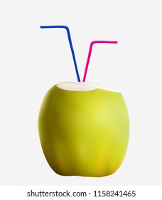 Coconut with blue and pink pipes isolated on white background. Vector Illustration.