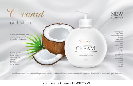 Coconut body lotion advertising design cosmetics product in round bottle with spray head Vector illustration