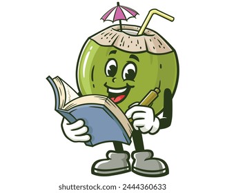 Coconut with book cartoon mascot illustration character vector clip art hand drawn
