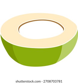 Coconut bowl-shaped slice element with white meat, isolated on transparent background for tropical food designs and packaging.
